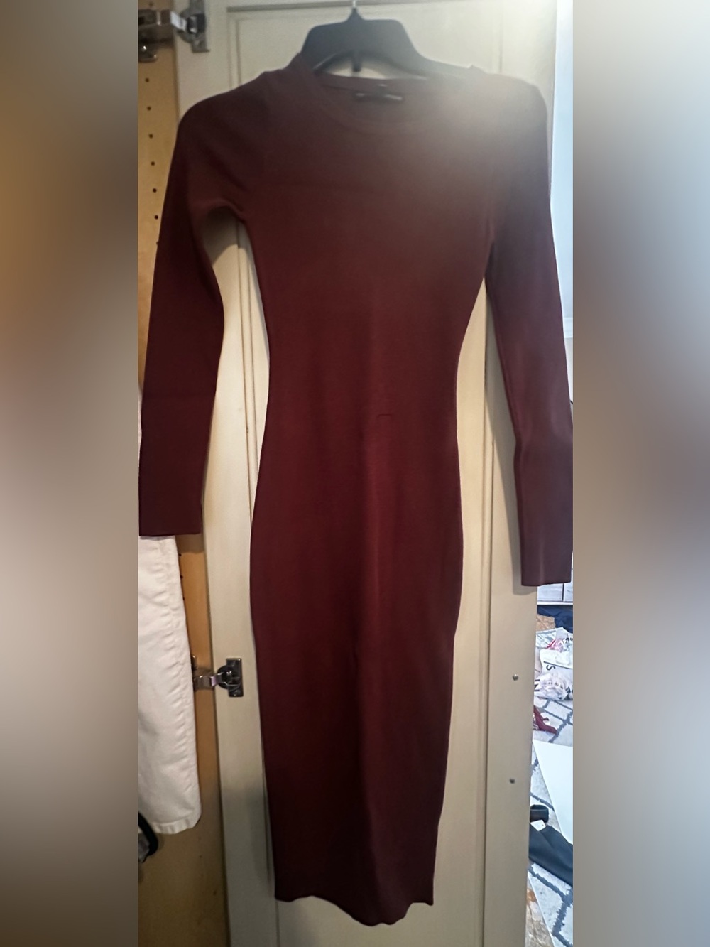 naked wardrobe Long Sleeve Midi Bodycon Dress in Burgundy